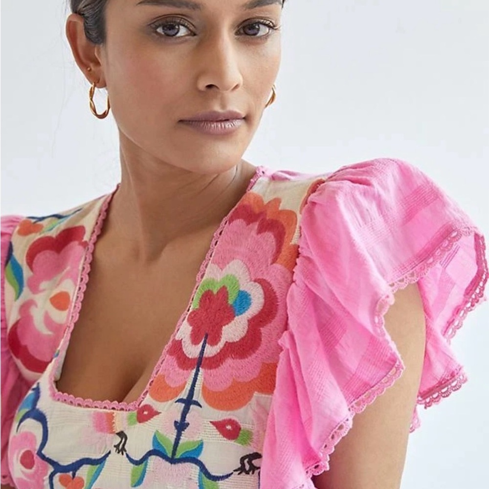 Anthro Plenty Tracy Reese Pink Embroidered Boho Top XL - Picture 2 of 10